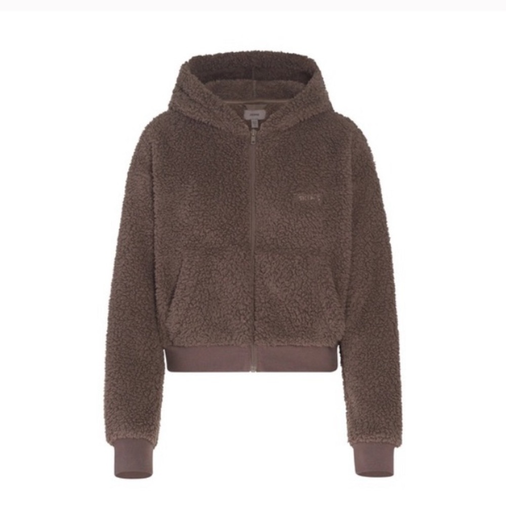 Skims Cozy Teddy Zip Up Hoodie Sweatshirt Brown Medium